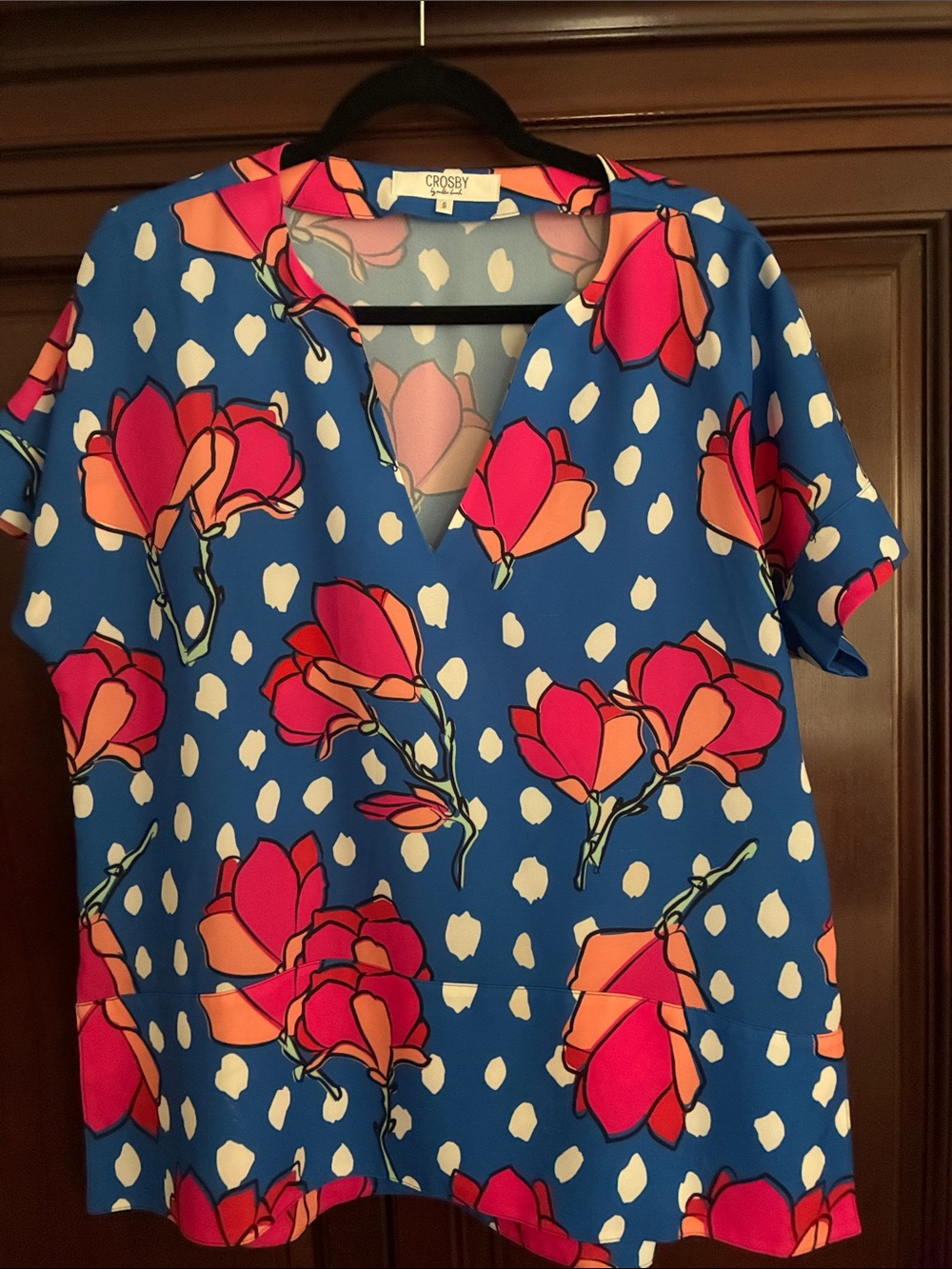 CROSBY by Mollie Burch Blue Floral V-Neck Tunic with Pink & Orange Blooms